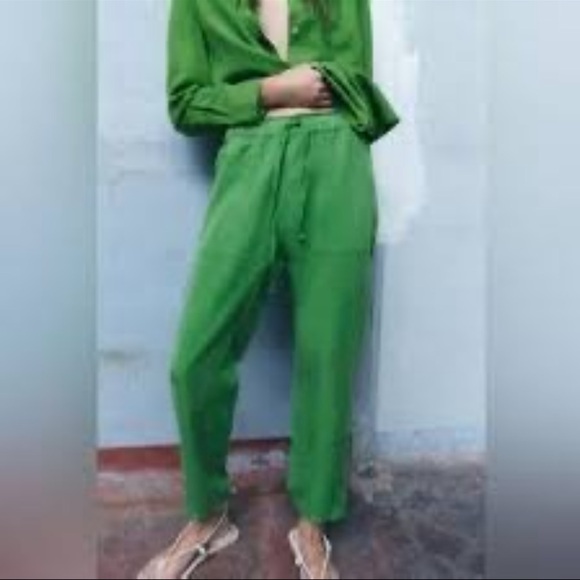 Zara Pants - 🌿 Zara Linen Blend Slouchy Pants Green Elastic Waist Size L 🌿